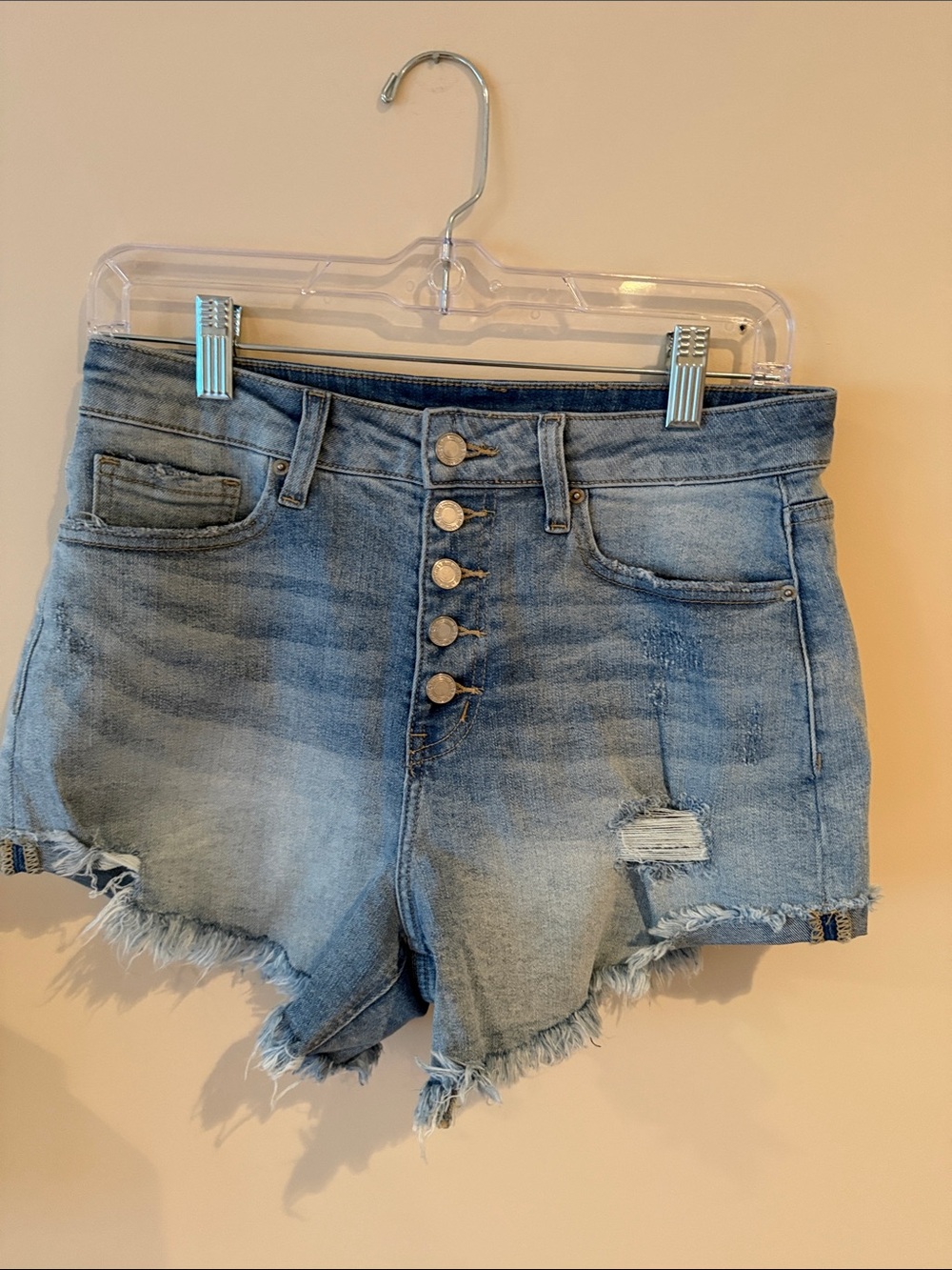 High-Rise Button-Front Distressed Denim Shorts - Light Blue